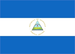 [ai] The flag of Nicaragua, featuring three horizontal stripes in blue, white, and blue, with the national emblem in the center. The emblem includes a triangle with a volcano and rays of light.